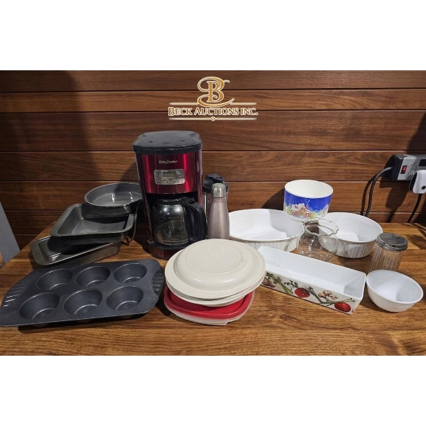 Kitchenware Lot Featuring Coffee Maker, Bakeware, and Serving Dishes
