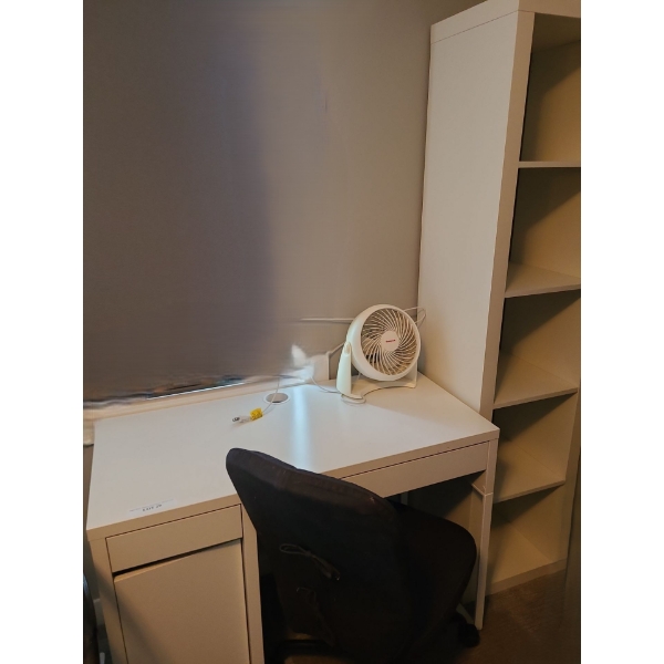Small Desk 41 w, 29.5 h, 20 d, 5 Shelf Bookcase 17 w, 72.5 h, 15.5 d, Chair 18 w, 37 h, 18 d and Fan