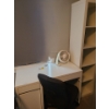 Image 1 : Small Desk 41 w, 29.5 h, 20 d, 5 Shelf Bookcase 17 w, 72.5 h, 15.5 d, Chair 18 w, 37 h, 18 d and Fan