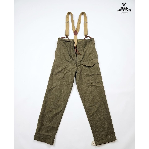 Vintage Swedish Military Wool Pants Featuring Suspenders And A Side Cargo Pocket. 