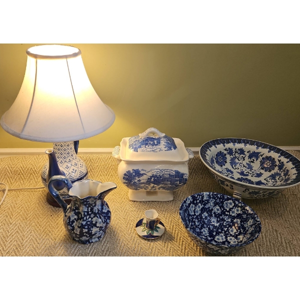 Blue and White Ceramic Decor Lot Including Lamp, Bowls, Tureen, and Pitcher