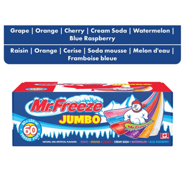Mr. Freeze 60CTX150ml Jumbo Freeze Pops - Grape, Orange, Cherry, Cream Soda, Watermelon, Blue Raspbe