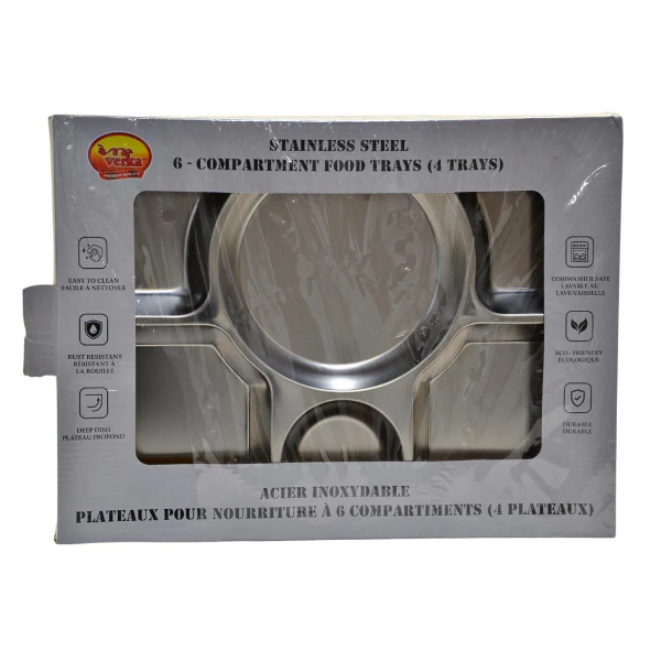 VERKA STAINLESS STEEL 6 COMPARTMENT FOOD TRAYS 4 TRAYS -SU