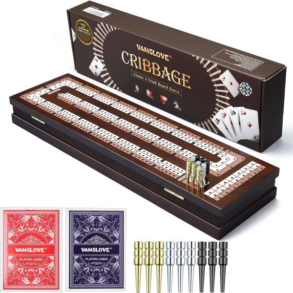 VAMSLOVE WOODEN CRIBBAGE BOARD GAME MAGNETIC 3-TRACK SCOREBOARD
