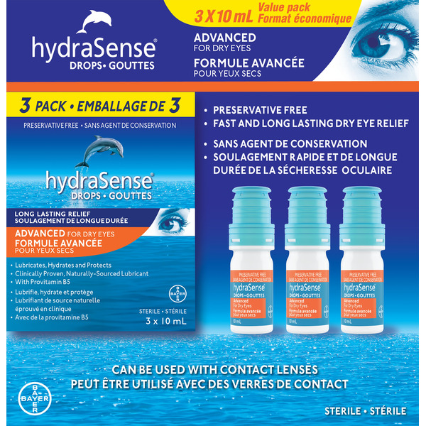 HYDRASENSE DROPS ADVANCED FOR DRY EYES, 3 X 10 ML