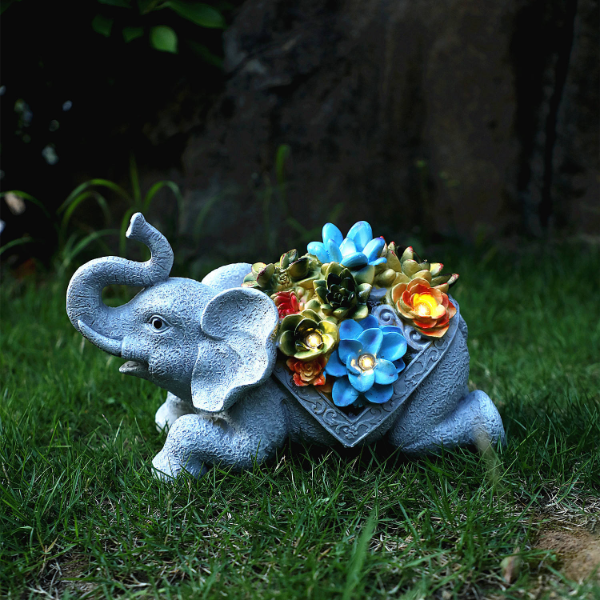 SOLAR GARDEN OUTDOOR STATUES ELEPHANT FLOWER SCULPTURE WITH SOLAR LED LIGHTS -N