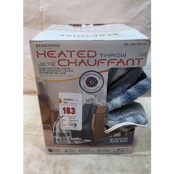 BERKSHIRE LIFE HEATED THROW CHECKERED WHITE BLUE (NEW)