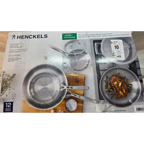 HENCKELS TRI-PLY CLAD STAINLESS STEEL 12-PIECE COOKWARE SET (USED, MISSING PART)