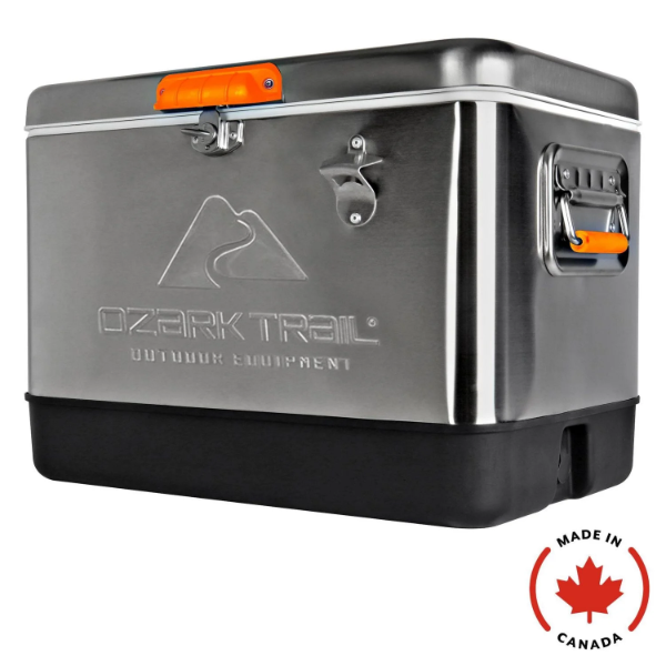 OZARK TRAIL ICE CHEST COOLER 54 QUARTS STAINLESS STEEL PORTABLE COOLER WITH BOTTLE OPENER 85 CAN