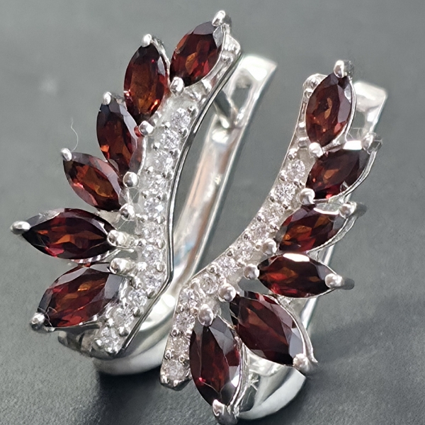 GARNET AND ZIRCON SILVER WING/LEAF CLIMBER EARRINGS