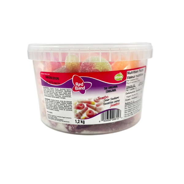1.2 kg tub of Red Band Koala Jumbo Sour Suckers gummy candy. BB: 7/2027