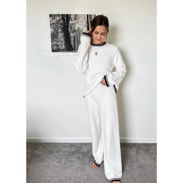 MEROKEETY FUZZY FLEECE TOP WIDE LEG PANTS SWEATER PAJAMA SET "BIEGE" LARGE"