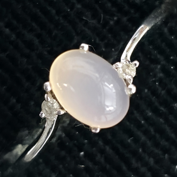 OVAL CABOCHON MOONSTONE AND DIAMOND/CZ WHITE GOLD/SILVER RING (FASHION JEWELRY) 