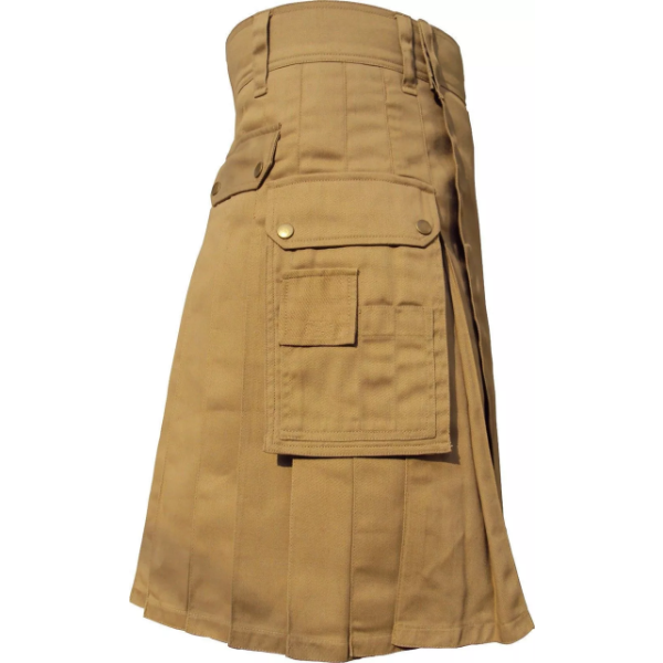MEN'S SCOTTISH HIGHLAND ACTIVE MODERN POCKET KHAKI LIGHT BROWN KILT 100% COTTON (SIZE-36)