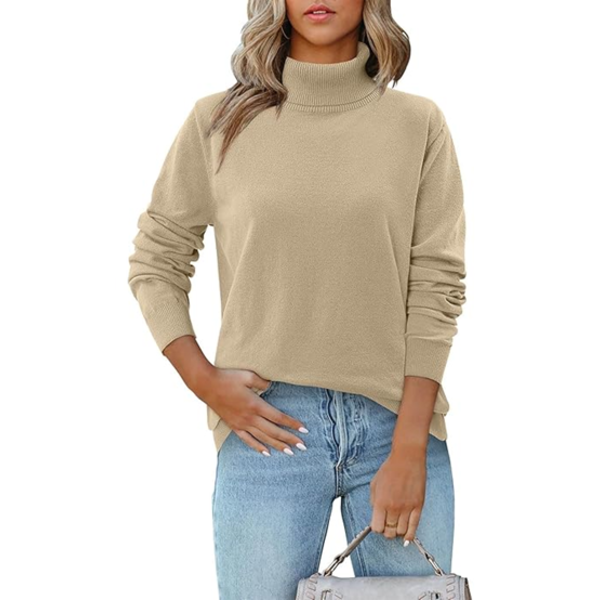 WOMENS KNIT TURTLENECK SWEATER LONG SLEEVE RIBBED PULLOVER LOOSE PULLOVER TOPS (SIZE- L)