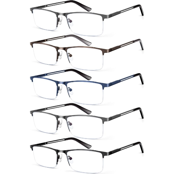 KONHAGO BLUE LIGHT BLOCKING READING GLASSES FOR MEN HALF FRAME METAL READERS SPRING HINGE EYEGLASSES
