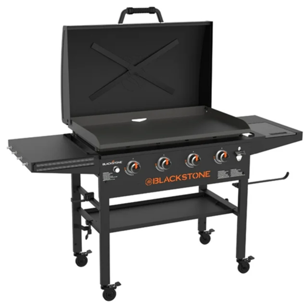 BLACKSTONE ORIGINAL 4-BURNER 36" PROPANE OMNIVORE FLAT TOP GRILL WITH HOOD AND FOLDING SIDE SHELVES 