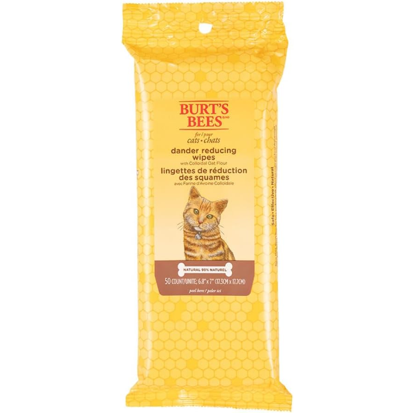 BURT'S BEES FOR CATS DANDER REDUCING GROOMING WIPES WITH COLLOIDAL OAT FLOUR AND ALOE VERA (2 PCS)
