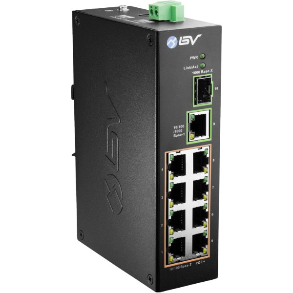 BV-TECH 8 PORT POE SWITCH WITH 1 GIGABIT UPLINK AND INDUSTRIAL DIN RAIL