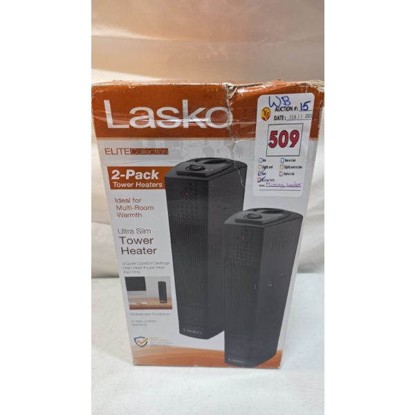 LASKO 2 PACK ULTRA SLIM TOWER HEATERS (USED, MISSING HEATER)