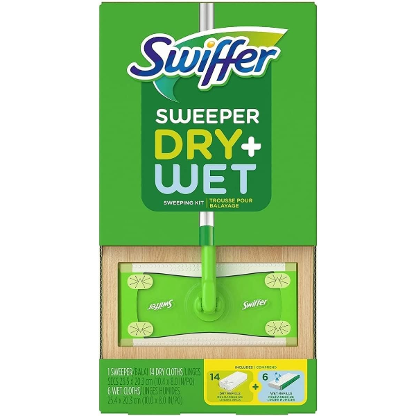 SWIFFER SWEEPER DRY + WET SWEEPING KIT (1 SWEEPER, 14 DRY CLOTHS, 6 WET CLOTHS) -U