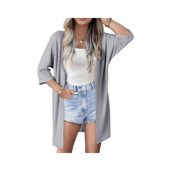 SHEWIN WOMEN'S CARDIGANS CASUAL 3/4 SHORT SLEEVE OPEN FRONT WAFFLE KNIT LIGHTWEIGHT KIMONOS CARDIGAN
