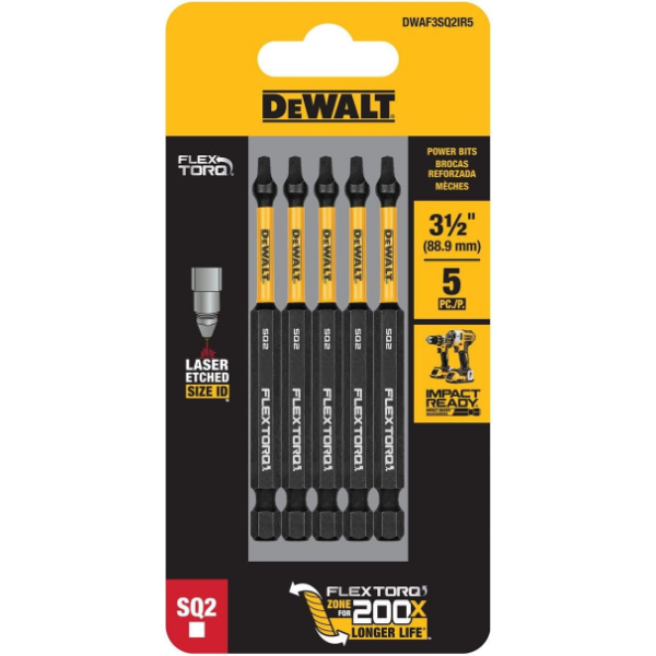 DEWALT FLEXTORQ SQUARE #2 BITS 5PK, ROBERTSON 1/4 X 3-1/2IN FOR IMPACT DRIVERS & DRILLS -N