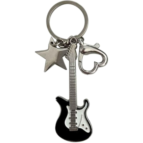 GUITAR KEYCHAIN, METAL BASS GUITAR PENDANT KEY CHAIN WITH MINI STAR AND HEART -N