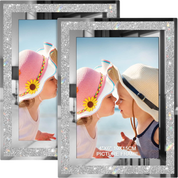 IZIDDO 4X6 PICTURE FRAMES SET OF 2, GLITTER GLASS PHOTO FRAME FOR TABLETOP DISPLAY