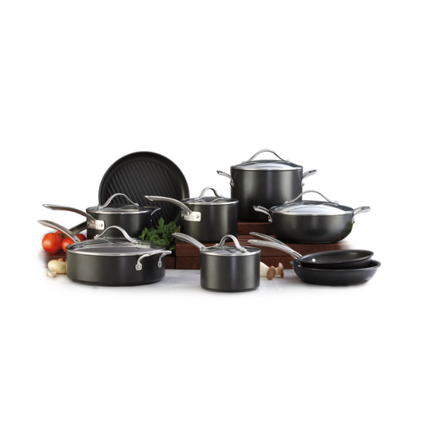 KIRKLAND SIGNATURE HARD ANODIZED COOKWARE SET, 15-PIECE (SLIGHTLY USED)