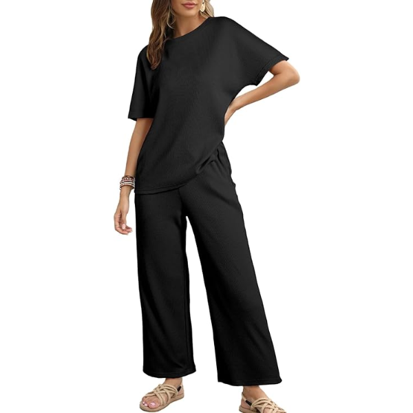 SHEWIN WOMEN'S 2 PIECE LOUNGE SETS FOR WOMEN CASUAL WAFFLE KNIT BLACK S -N