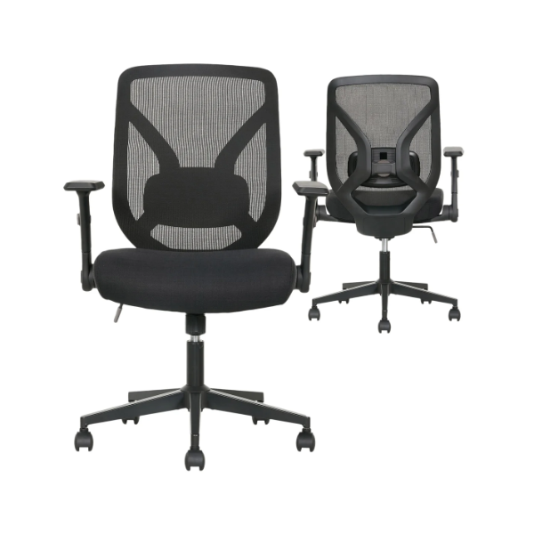 TRUE INNOVATIONS BLACK MESH CHAIR WITH FLIP BACK ARMS (SLIGHTLY USED, NO BOX)