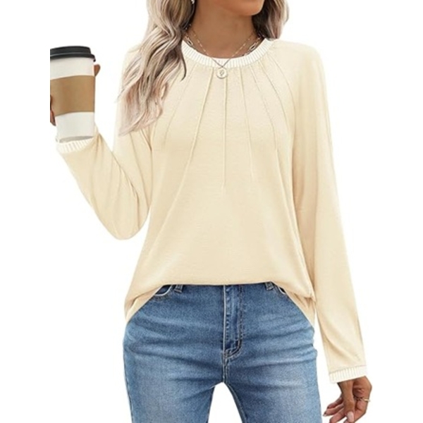 MEROKEETY WOMENS CREW NECK LONG SLEEVE PLEATED SHIRTS (SMALL)