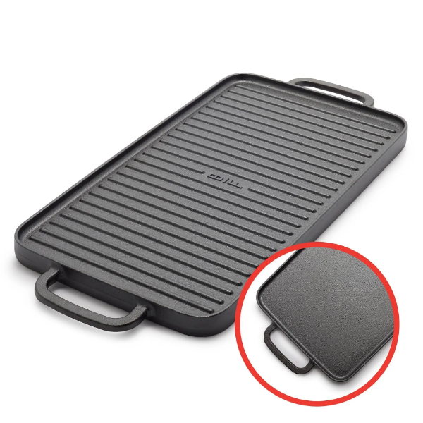 BOBBY FLAY DOUBLE BURNER CAST IRON REVERSIBLE GRIDDLE WITH DUAL HANDLES -U