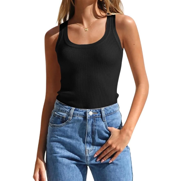 MATERASU WOMEN RIBBED TANK TOPS KNIT SQUARE NECK SLEEVELESS SHIRTS