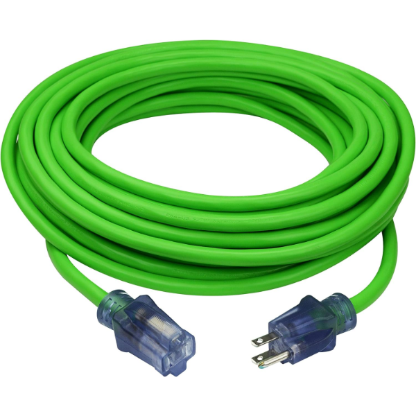 100 FT HEAVY DUTY OUTDOOR EXTENSION CORD, NEON GREEN (USED)