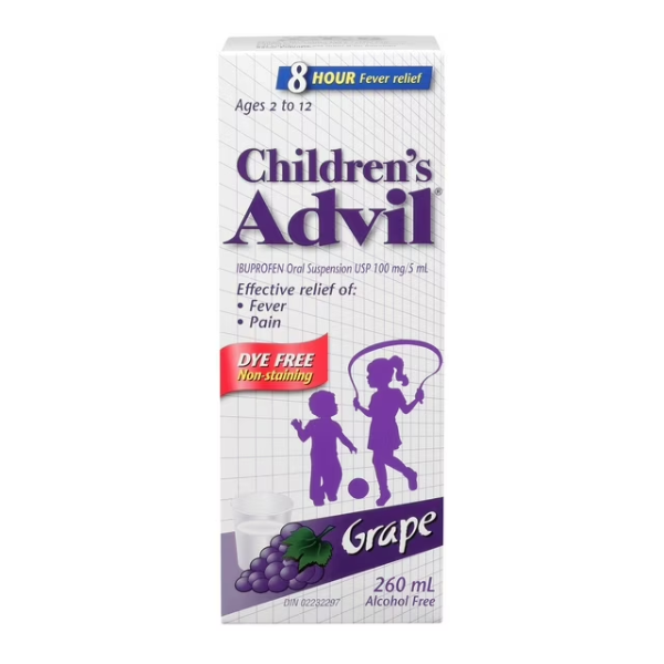  CHILDREN'S ADVIL FEVER AND PAIN RELIEF IBUPROFEN ORAL SUSPENSION, DYE FREE, GRAPE, 100 ML