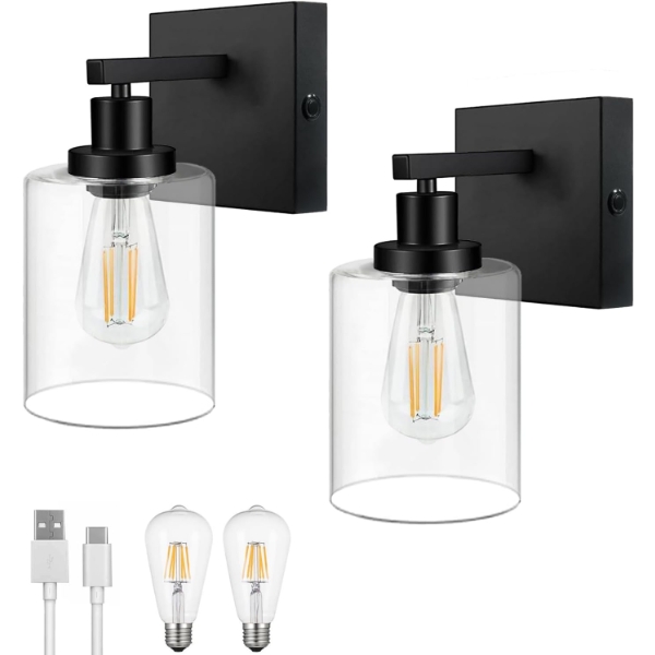 GLOBE 2 WALL SCONCE LIGHTS BATTERY RECHARGEABLE GLOBE WITH BLACK BASE (SLIGHTLY USED)