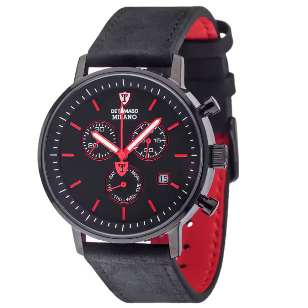 DETOMASO MILANO MENS WATCH CHRONOGRAPH BLACK RED STAINLESS STEEL DAY & DATE BROWN LEATHER WATCH -N