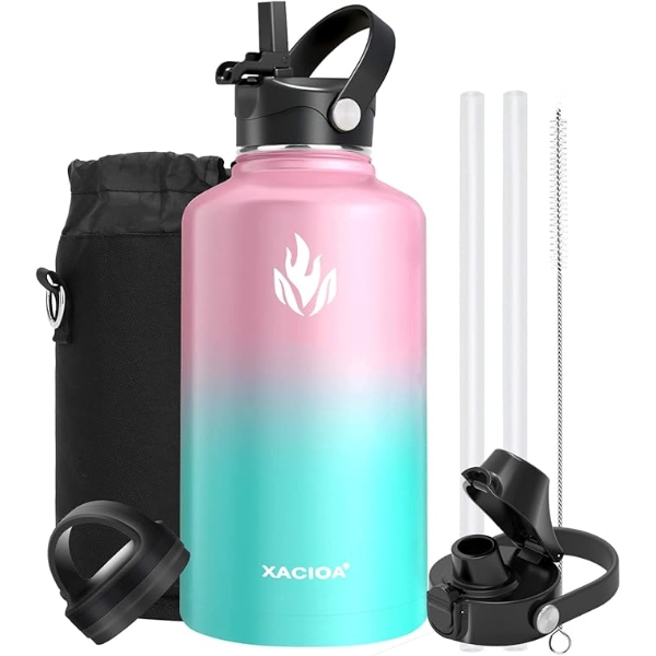 XACIOA 64OZ WATER BOTTLE, VACUUM INSULATED STAINLESS STEEL WATER FLASK WITH STRAW LID.