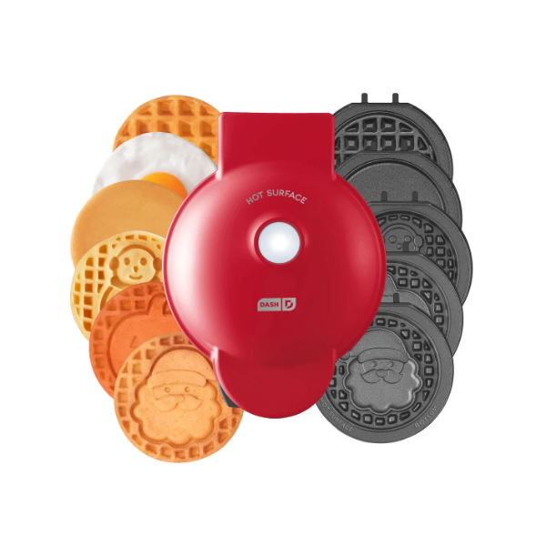 DASH MULTIMAKER MINI WAFFLE SYSTEM WITH 7 REMOVABLE NONSTICK PLATES, STORAGE BOX INCLUDED, RED 