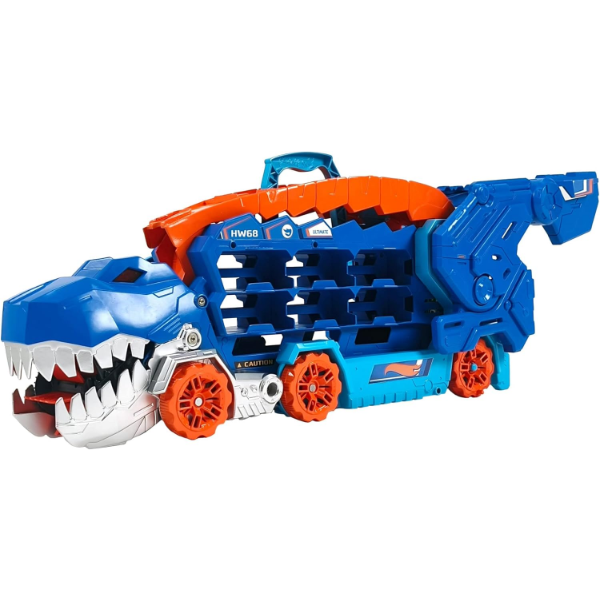 HOT WHEELS CITY ULTIMATE HAULER, TRANSFORMS INTO A T-REX WITH RACE TRACK (USED, NO BOX)