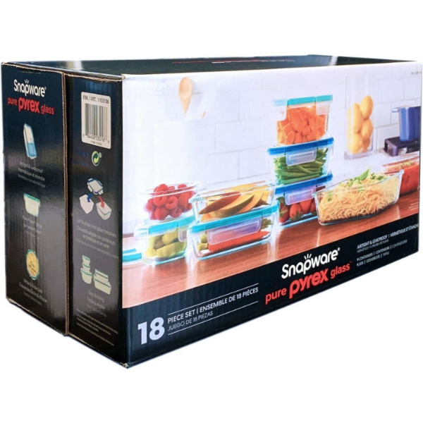 SNAPWARE PURE PYREX 18-PIECE GLASS FOOD STORAGE SET, CLEAR (USED)
