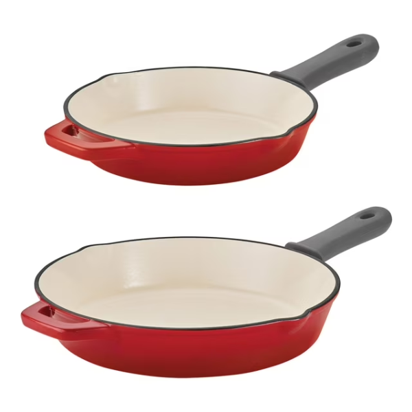 TRAMONTINA ENAMELED CAST IRON SKILLETS, 2 PIECE, RED COLOR, 10 & 12 INCHES -U