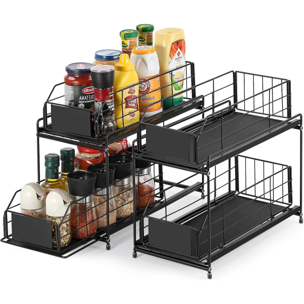 2 PACK - 2-TIER UNDER SINK CABINET ORGANIZER WITH SLIDING STORAGE DRAWER, SPICE RACK