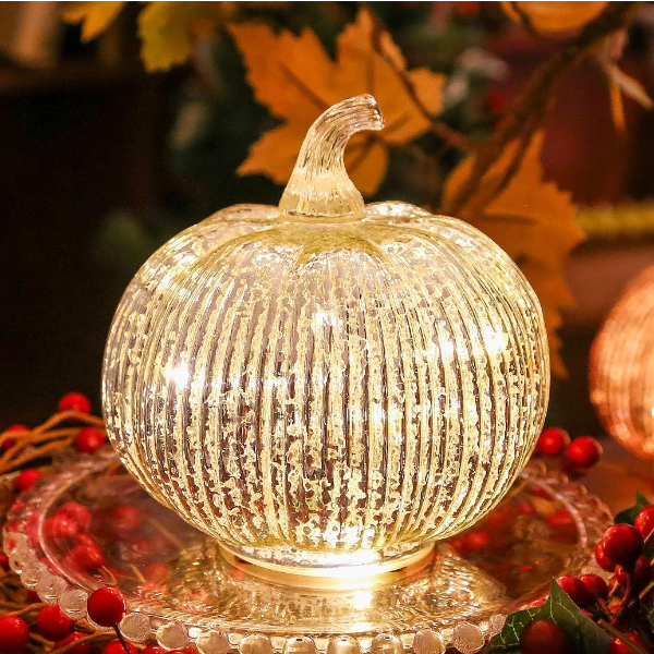 HVFUN 5.5 "(14CM) MERCURY GLASS LIGHT UP PUMPKIN WITH TIMER