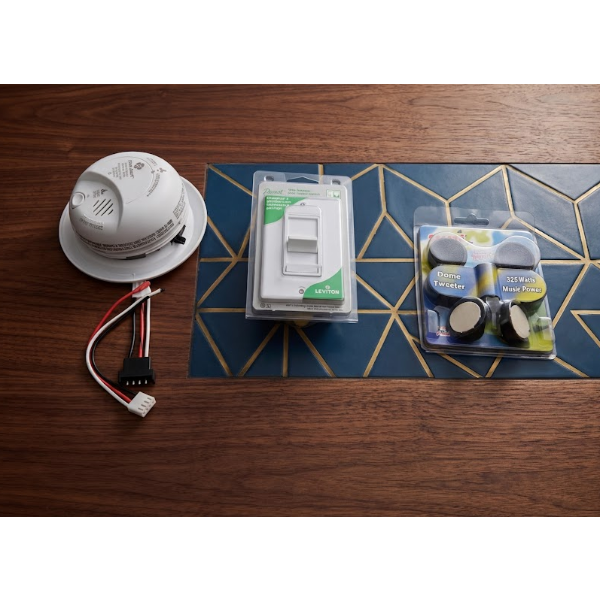 (Smoke and Carbon Monoxide Alarm, Leviton Decora Dimmer Switch, Dome Tweeter Set)