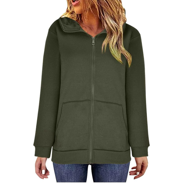 WOMEN'S ZIP UP FLEECE LINED SWEATSHIRTS LAPEL JACKETS - GREEN COLOR