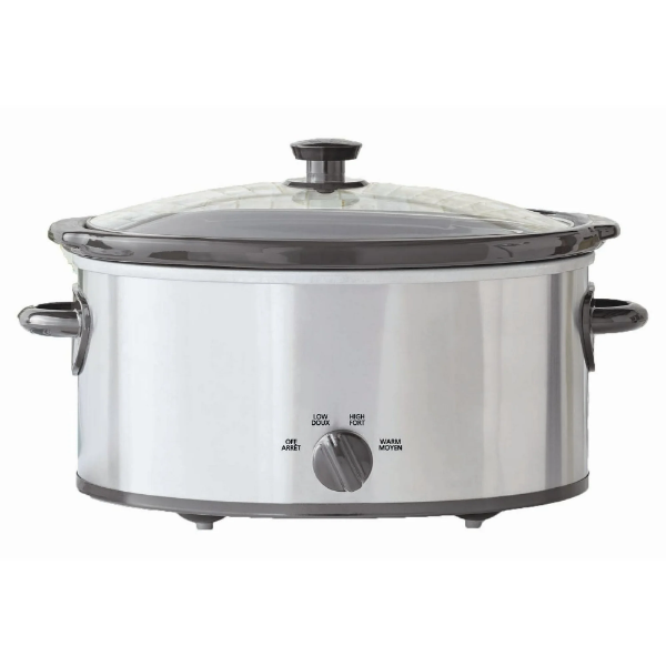 MAINSTAYS 6 QUART OVAL SLOW COOKER, STAINLESS STEEL FINISH, GLASS LID, REMOVABLE STONEWARE POT
