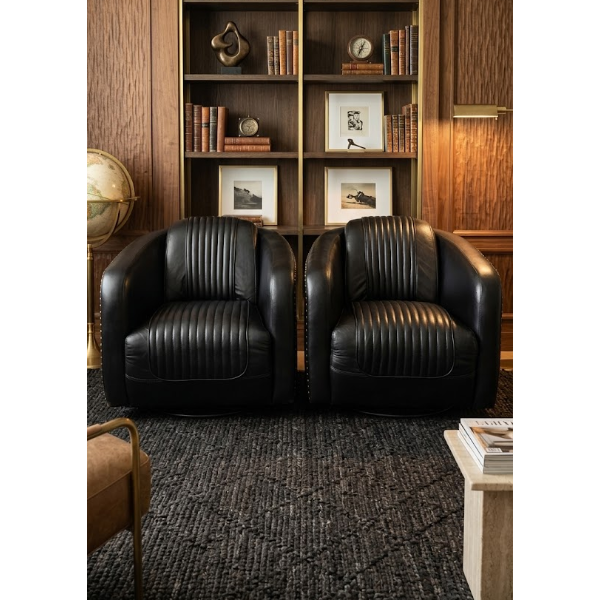 Set of 2 Modern Black Faux Leather Ribbed Swivel Armchairs